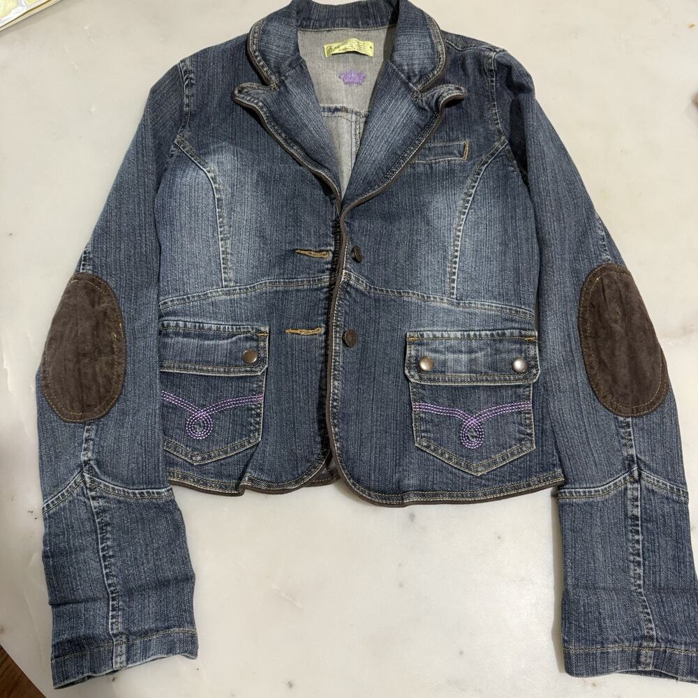 Vintage Denim Blazer Jacket X-Ray Star Brown Elbow Patches Y2K Purple Stitch VTG
